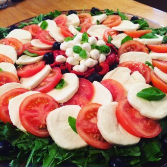 Caprese Salad w. Basil, Tomato, Mozzarella, Arugula, Roasted Red Peppers &amp; Olives