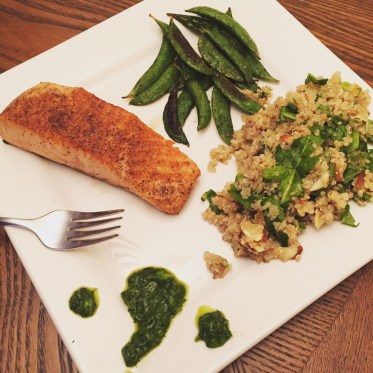 Pan-Seared Salmon w. Arugula-Mint Pesto, Quinoa Salad &amp; Char-Broiled Sugar Snap Peas